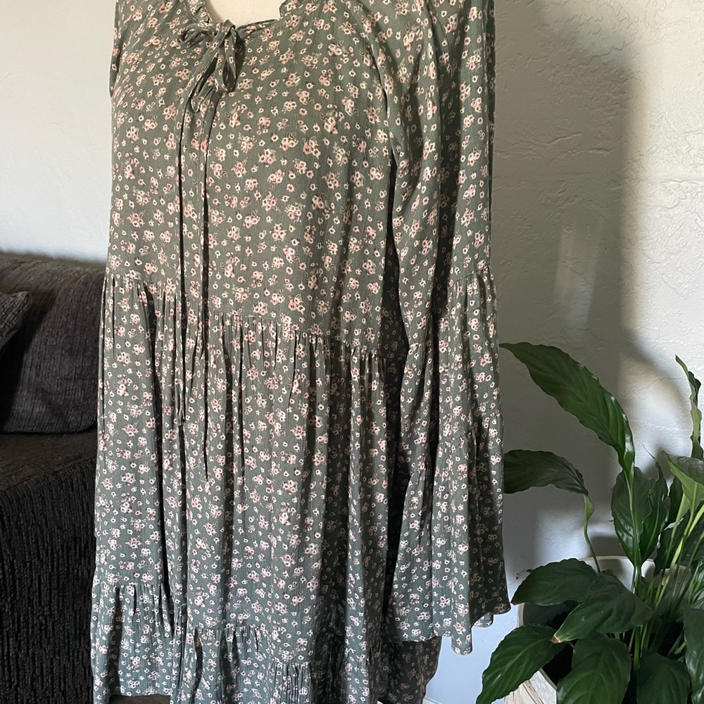 Peach love California Small sage green babydoll dress bell sleeve ditzy floral